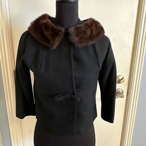 Vintage Switzers 50s Mink Fur Collar Cropped Black Jacket With Bow Small